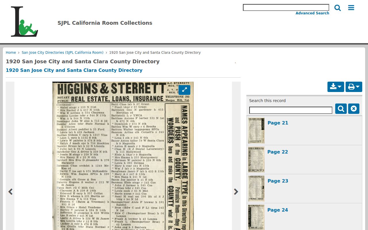 Milpitas city directory research view of the 1920 Polk-Husted directory