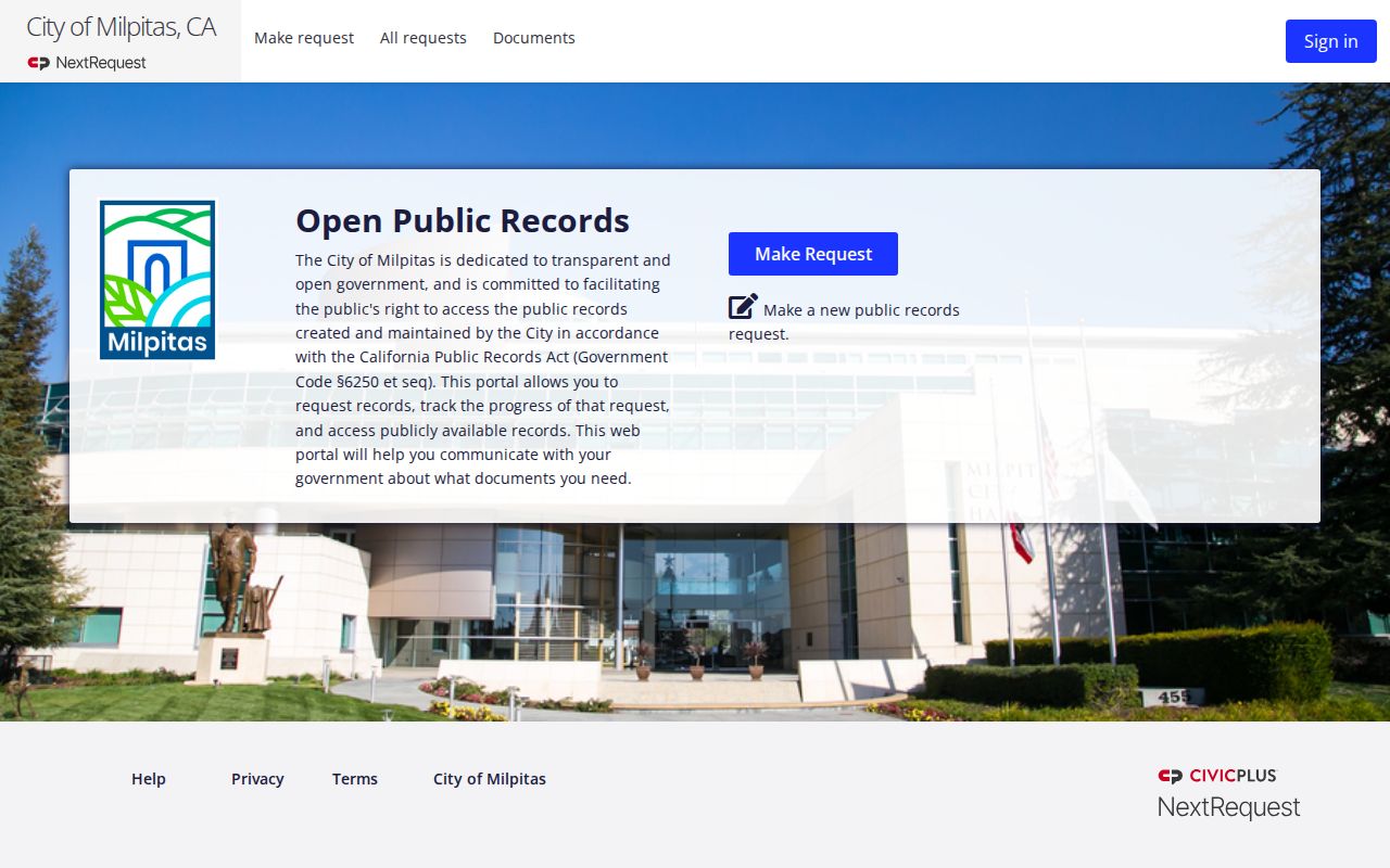 Milpitas residents directory reference to the city public records request portal