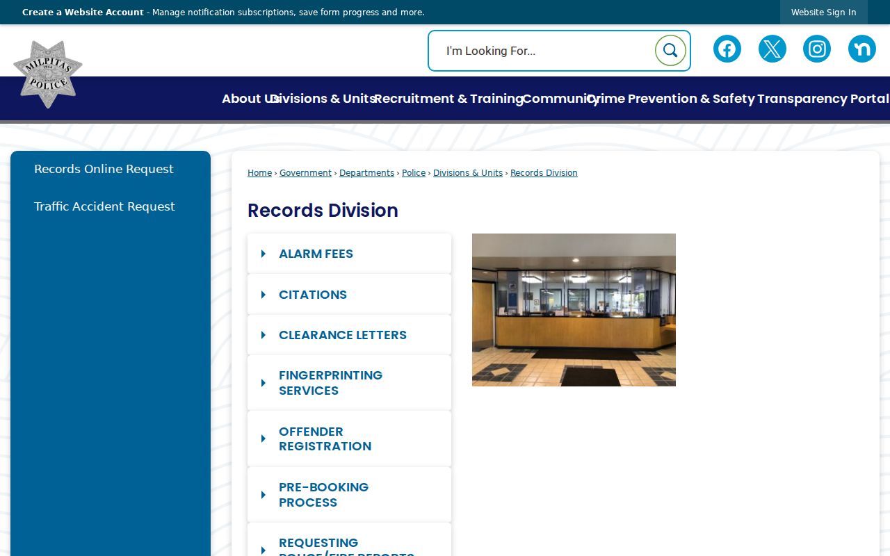Milpitas neighbors police Records Division access page