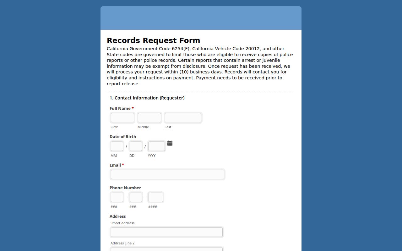 Milpitas neighbors police records request form