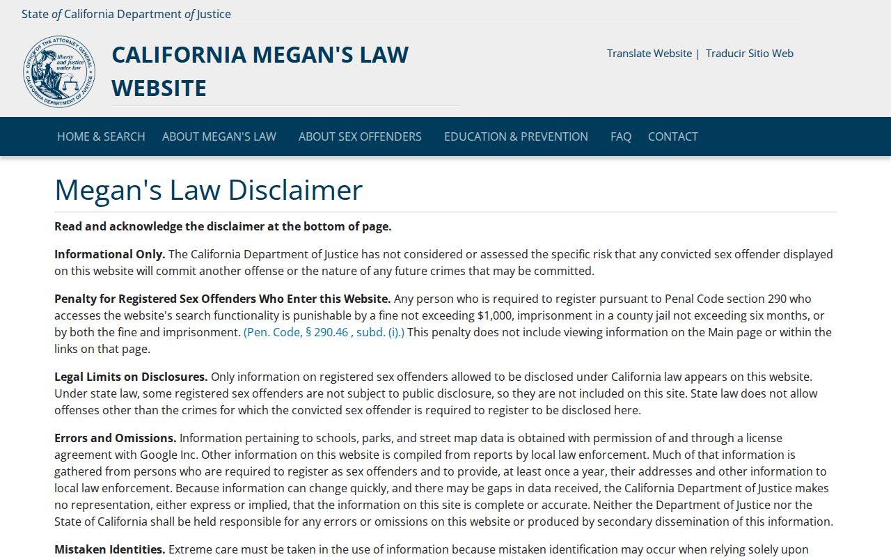 Milpitas resident lookup view of the California Megan's Law search
