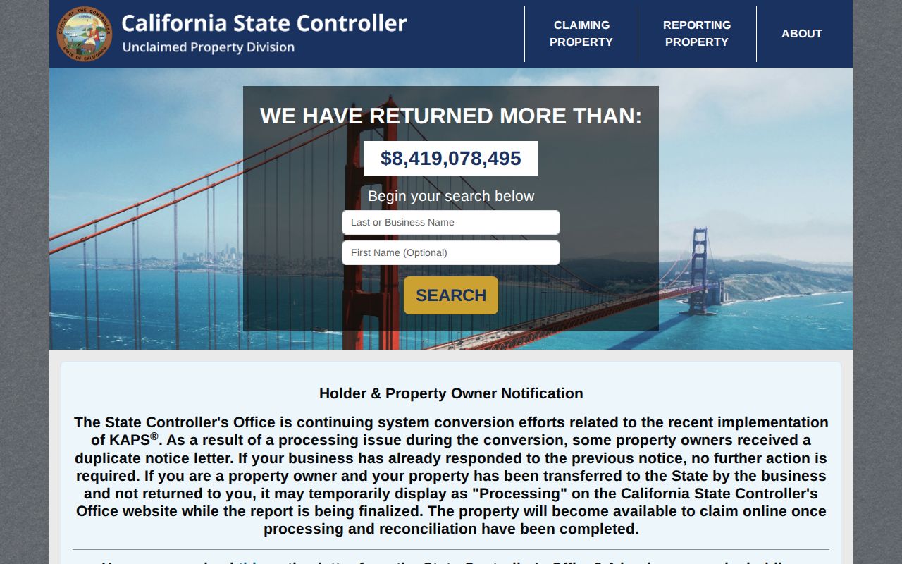 Milpitas resident lookup view of the California unclaimed property search