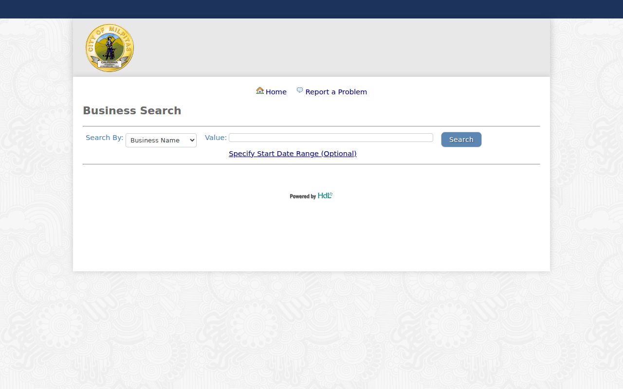 Milpitas resident lookup view of the active business license search