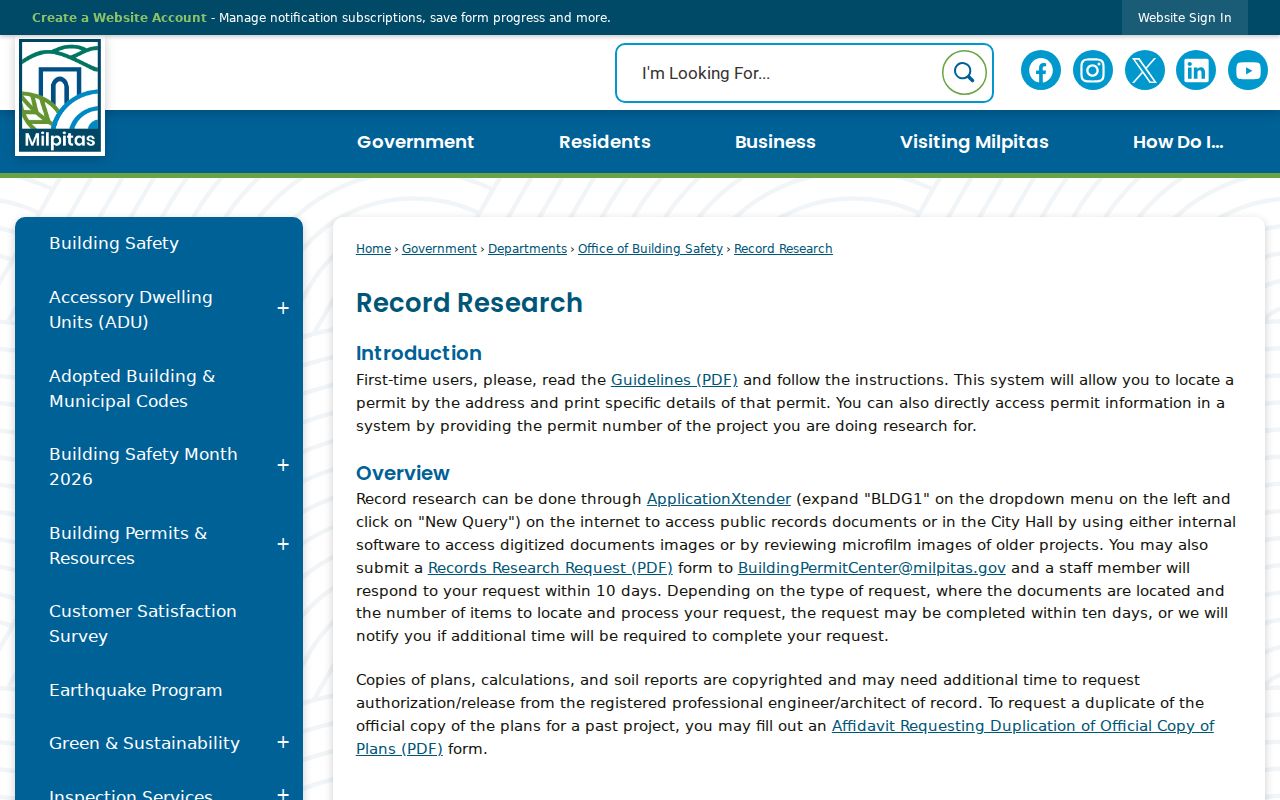 Milpitas street directory view of Milpitas permit record research
