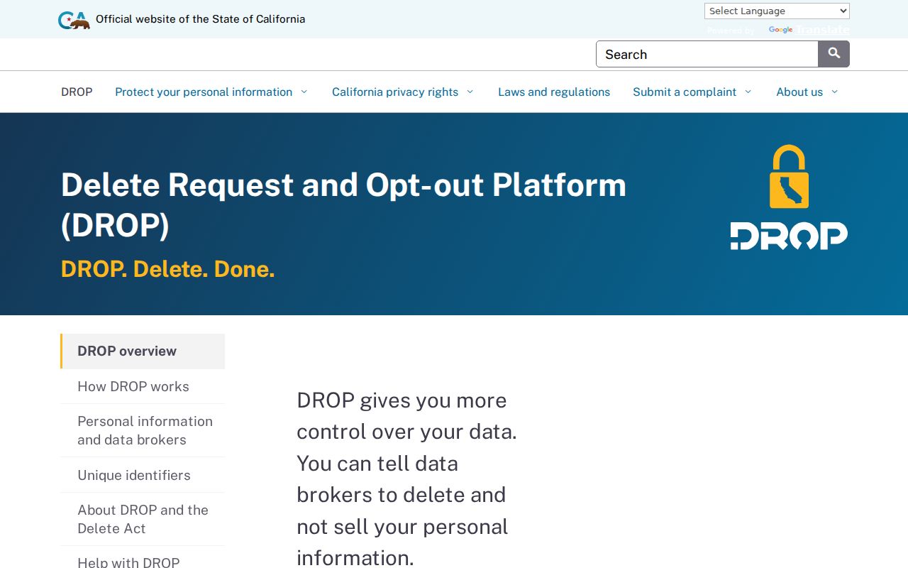 Milpitas ZIP code California DROP privacy deletion portal