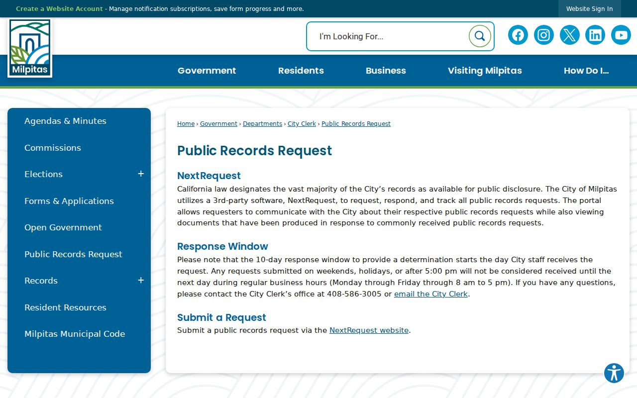Milpitas ZIP code directory public records request instructions